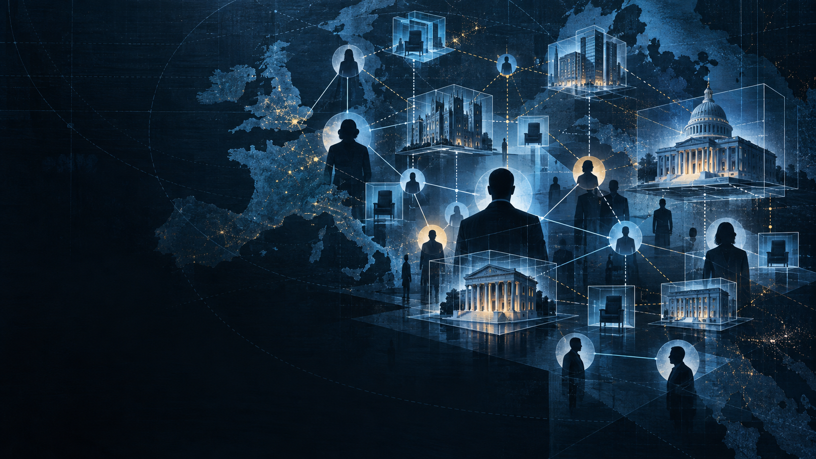 People, office-like squares, and solid and dashed connections visualize occupants and institutional positions.