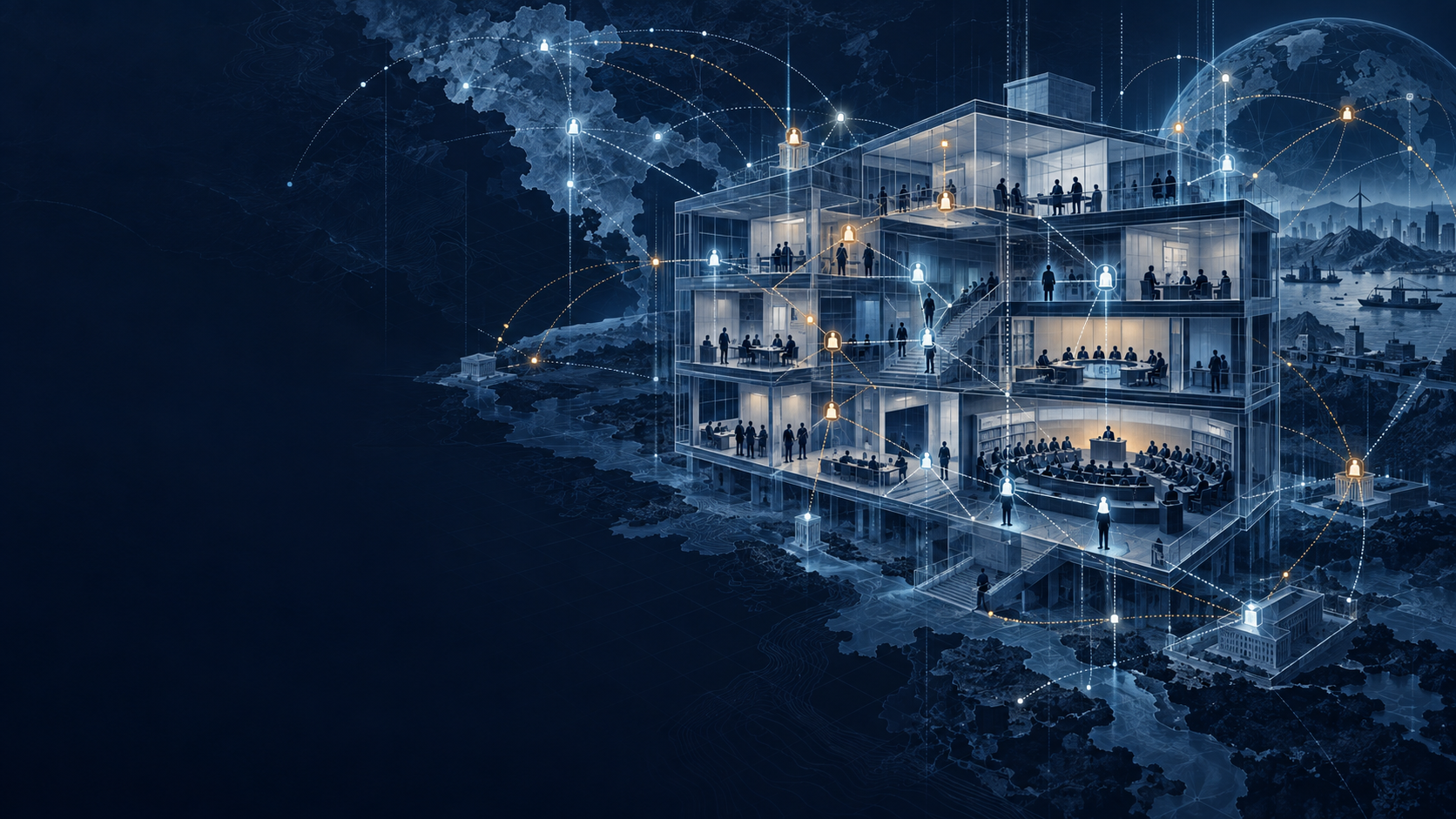 A populated institutional structure connects people and offices to a wider political field.