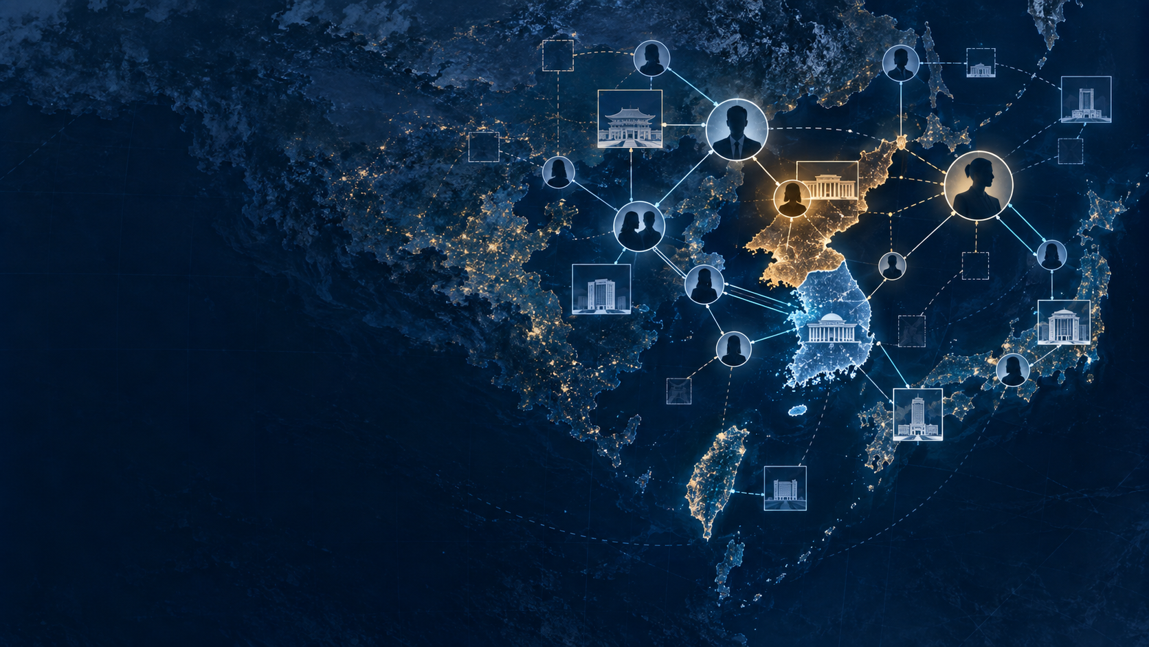 People, office-like squares, and solid and dashed connections visualize occupants and institutional positions.