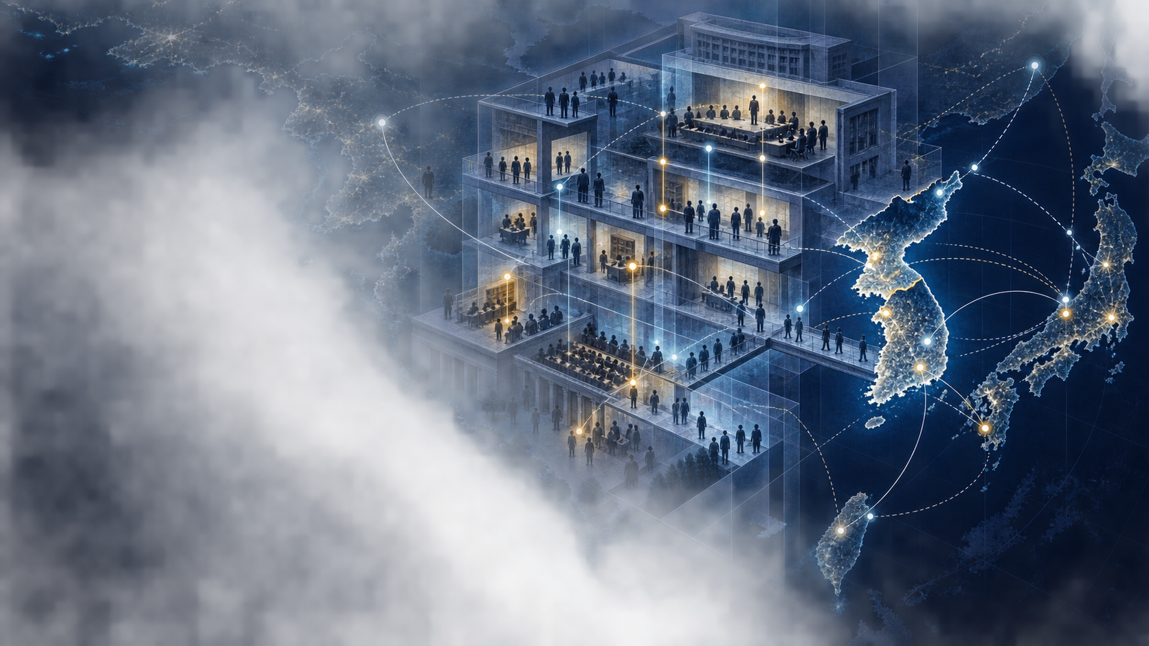 A populated institutional structure connects people and offices to a wider political field.